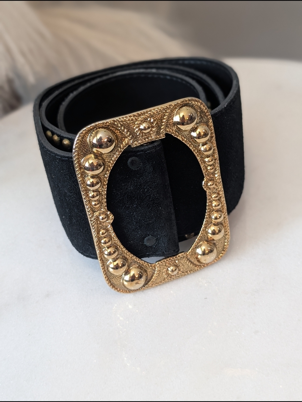 Vintage Black Suede Studded Women's Belt with Gold Buckle